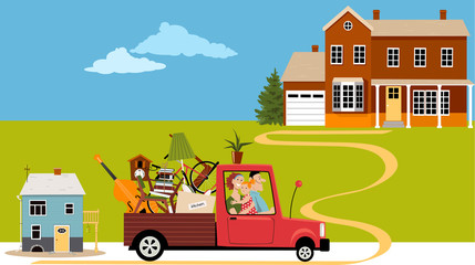 Young family relocating from a small house to a new bigger home, EPS 8 vector illustration
