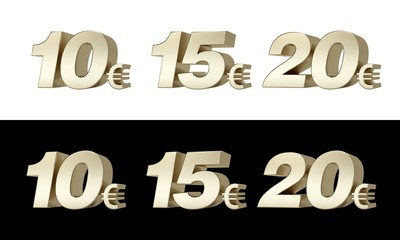10€ 15€ 20€ Ten, fifteen and twenty euros. 3D golden characters.