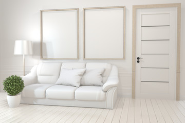 Interior poster mock up with  empty wooden frames, sofa, plant and lamp in empty room with white wall. 3D rendering