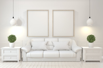 Interior poster mock up with  empty wooden frames, sofa, plant and lamp in empty room with white wall. 3D rendering