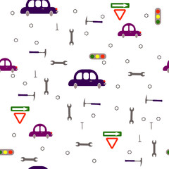  Seamless children's boyish pattern. Transport, road signs, tools on a white background. Illustration.