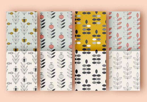 Pattern Set Layouts with Illustrative Flowers and Leaves