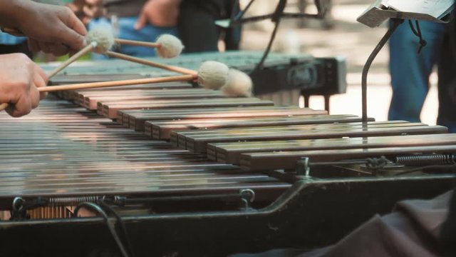 Hands of musician playing the vibraphone on the street. Music Instrument Vibraphone close up.