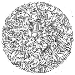 Winter Sports hand drawn vector doodles illustration. Ski resort poster design.