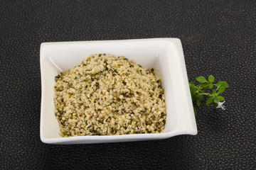 Peeled hemp seeds in the bowl