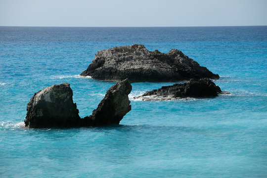 Rocks in the sea, Avali beach, Lefkada island, Greece.
