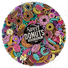 Donuts hand drawn vector doodles round illustration. Sweets poster design.