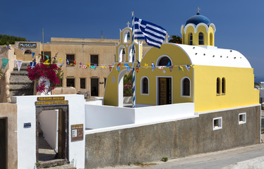 Fira, Greece - June 19, 2019: Buildings of the Folklore Museum in Fira, Santorini.