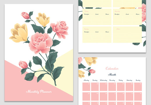 Monthly Planner Layout with Floral Elements