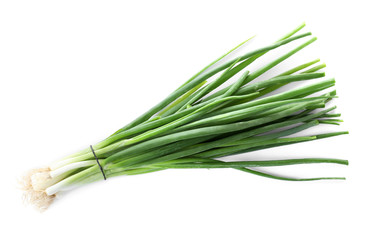 Bunch of fresh green onions on white background
