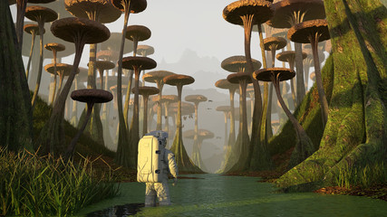 astronaut exploring alien planet landscape, mission on exoplanet with strange plants and flying creatures (3d science illustration)  © dottedyeti