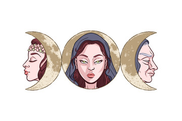 Triple goddess as Maiden, Mother and Crone, beautiful woman, symbol of moon phases. Hekate, mythology, wicca, witchcraft. Vector illustration