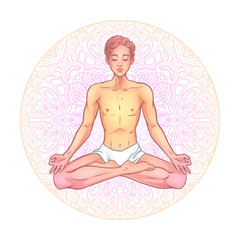 Young meditating yogi man in lotus pose on mandala background. Vector illustration