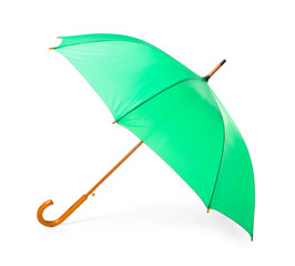 Modern opened green umbrella isolated on white