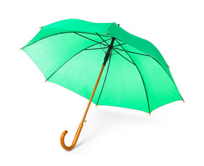 Modern opened green umbrella isolated on white