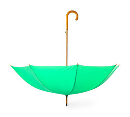 Modern opened green umbrella isolated on white
