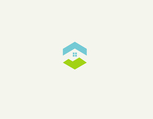 Creative Abstract bright logo icon geometric house with window green and blue color