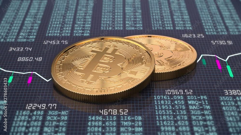 Poster video animation of two golden bitcoin on trading chart background. physical bit coin - digital curre