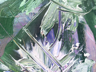 Expressive green and white with shades of purple oil painted texture on canvas.