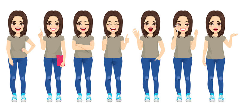 Teenager brunette girl set collection of poses with different face  expressions and gestures Stock Vector | Adobe Stock