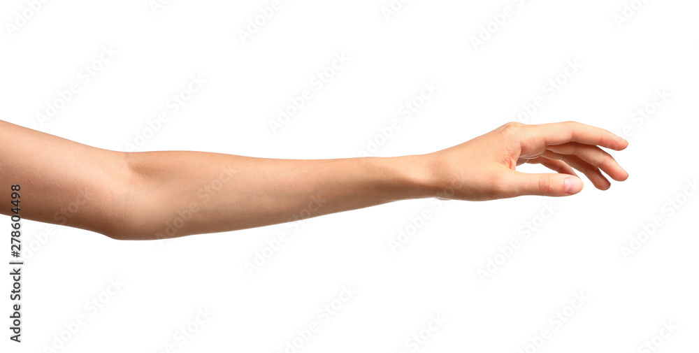 Wall mural young woman holding hand on white background, closeup