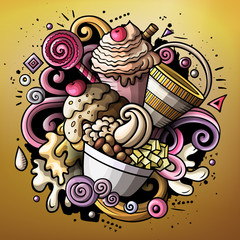 Cartoon cute doodles hand drawn Ice cream illustration. Funny raster artwork