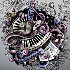 Cartoon cute doodles hand drawn Music illustration. Funny raster artwork
