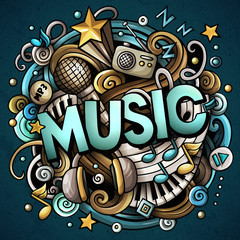 Cartoon cute doodles Music word. Colorful illustration.
