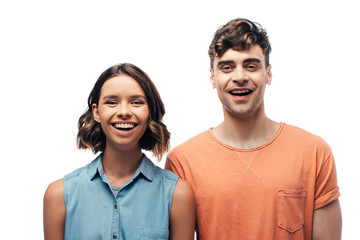 young, happy man and woman smiling at camera isolated on white