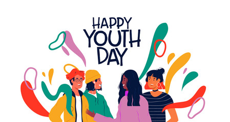 Happy youth day card of diverse teen friend group - obrazy, fototapety, plakaty