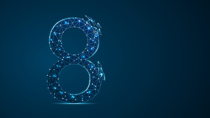 number eight 2D low poly abstract illustration consisting of points, lines, and shapes in the form of planets, stars and the universe. Vector digit 8 wireframe concept.