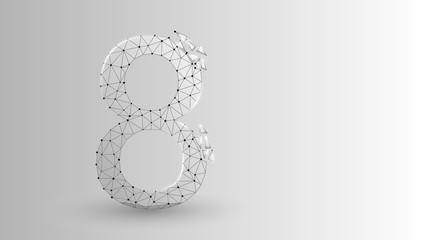 number eight 2D low poly abstract illustration consisting of points, lines, and shapes in the form of planets, stars and the universe. Origami Vector digit 8 wireframe concept.