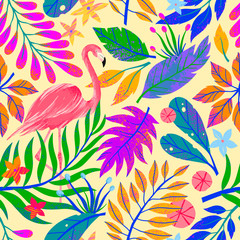 Summer vector seamless pattern with hand drawn tropical leaves,flamingo and flowers.Multicolor plants.Exotic background perfect for prints,wrapping paper,t-shirts,textile,background fill,social media.