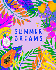 Summer vector illustration with bright tropical leaves,exotic fruits and flowers.Multicolor plants with hand drawn texture.Exotic background perfect for prints,flyers,banners,invitations,social media.