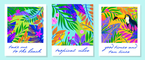 Set of summer vector illustrations with tropical leaves,flowers and toucan.Multicolor plants with hand drawn texture.Exotic backgrounds perfect for prints,flyers,banners,invitations,social media