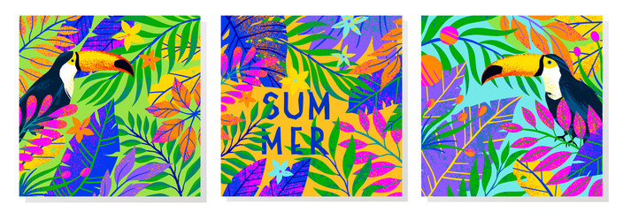 Set of summer vector illustrations with tropical leaves,flowers and toucan.Multicolor plants with hand drawn texture.Exotic backgrounds perfect for prints,flyers,banners,invitations,social media © Xenia Artwork 