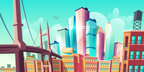 Modern city metropolis growth, street view with bridge, old buildings and modern futuristic architecture glass towers skyscrapers rising to sky, airplane flying in clouds, cartoon vector illustration © vectorpocket