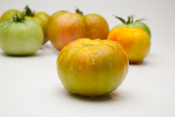 Tomates verdes y rojos, tomates maduros y tomates por madurar; bodegón de tomates ecológicos que no nos los más bonitos del mundo pero si son los más sabrosos y llenos de vitaminas