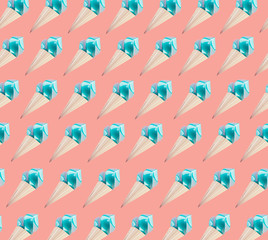Blue ice cream waffle cone pattern on coral background.
