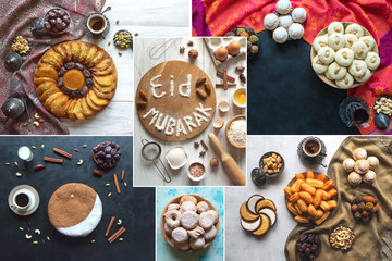 Arabic cuisine collage. Eid Mubarak - Islamic holiday welcome phrase " happy holiday", greeting reserved.