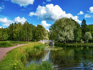 Obraz premium Beautiful summer landscape with an old park and a bridge on the lake. Gatchina
