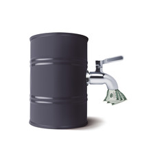 Tap pouring dollars down the drain from barrel. Vector 3d illustration