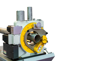 Stationary automatic & precision electric pipe cold cutter machine is tool  for cut or chamfer small to large cylinder alloy – metal industrial isolated on white background with clipping path