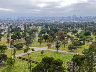 Aerial view of Greenwood Memorial Park & Mortuary. Memorial statue, funeral, cemetery, cremation in...