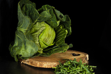 Healthy food while losing weight. Weight loss with diet food. Fresh green Cabbage