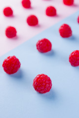 Pattern of raspberries on pink blue background. Colorful diet and healthy food concept. Background of raspberries. Top view. Flat lay. Copy space