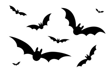 Naklejka premium Bats icon set. Bat black silhouette with wings isolated white background. Symbol Halloween holiday, mystery cartoon dark vampire, night flyin element. Spooky scary flat design. Vector illustration