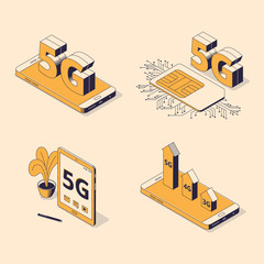 Obraz premium 5G isometric vector illustration set with various digital gadgets with big sign of fifth generation.