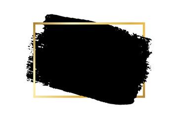 Brush stroke, gold text box, isolated white background. Black paint brush. Grunge texture stroke frame. Ink design. Border artistic shape, paintbrush element. Brushstroke graphic. Vector illustration