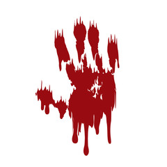 Bloody hand print isolated white background. Horror scary blood dirty handprint, fingerprint. Red palm, fingers, stain, splatter, streams. Symbol horror zombie, murder, violence. Vector illustration